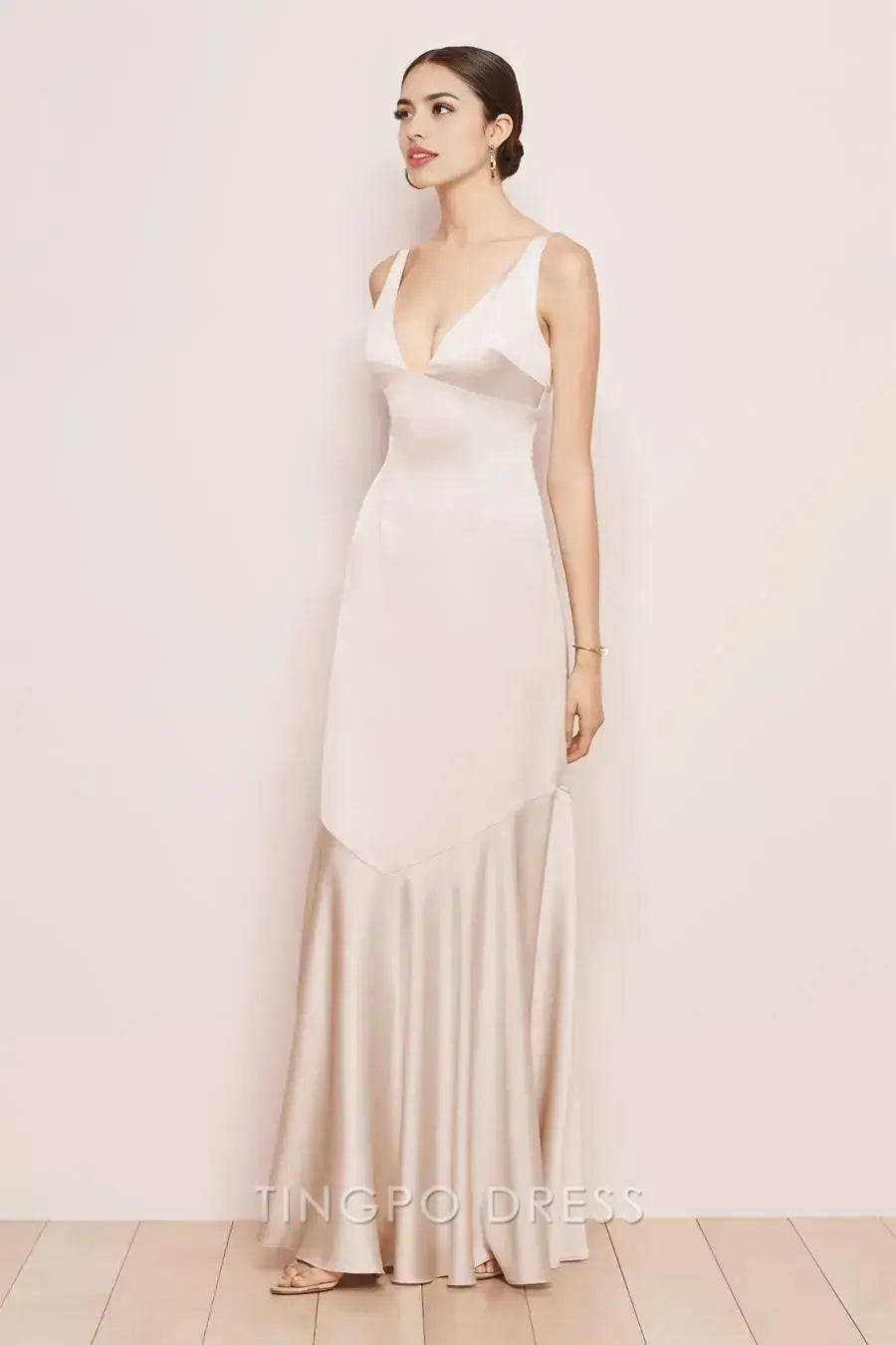 TingPo Wholesale Elegant Ivory Satin Deep V Dress - Spaghetti Strap Maxi Evening Gown